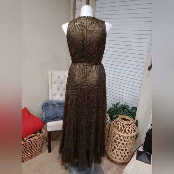 Gold Bronze Metallic Tiered Ruffle Hem Dress Size 16 Shawl Included NWOT - Picture 8 of 14